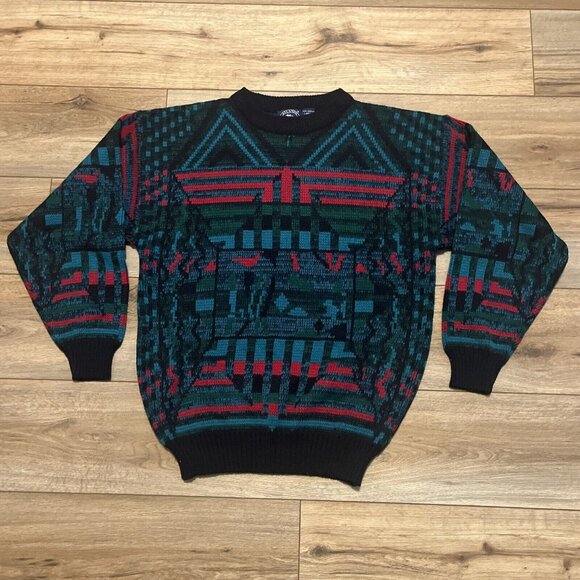 Men's VTG Atlantic Traders Geometric Knit Sweater LARGE Multicolor Grandpa Retro - Picture 1 of 10